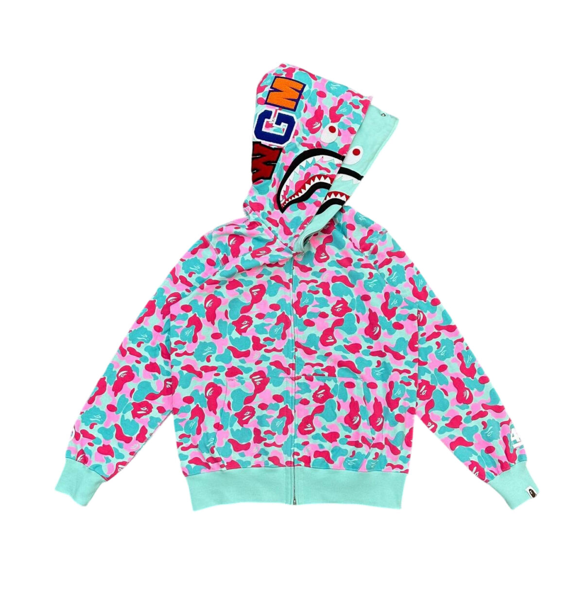 Bape Abc Double Hat Large Flower Camouflage Shark Hoodie Pink Green OG0829520