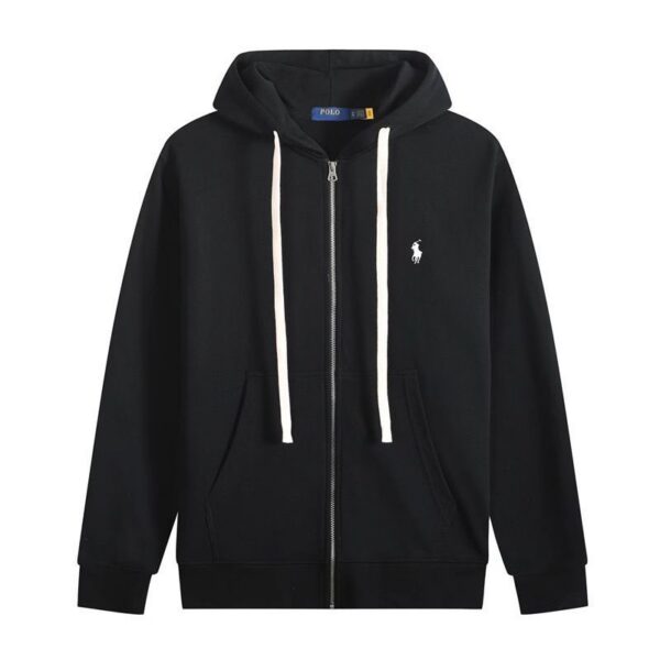 Ralph Lauren Polo Pony Zip-up Black Hoodie & White Logo & White Drawstring OG0730303