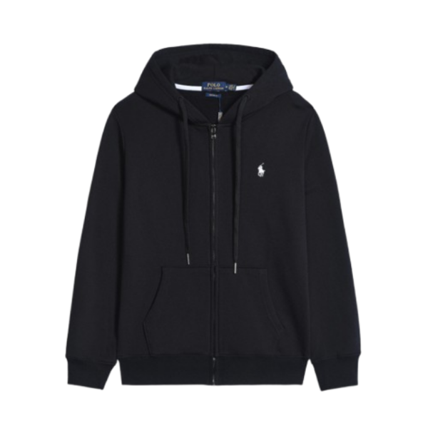Ralph Lauren Polo Pony Zip-up Black Hoodie & White Logo & Black Drawstring OG0521101