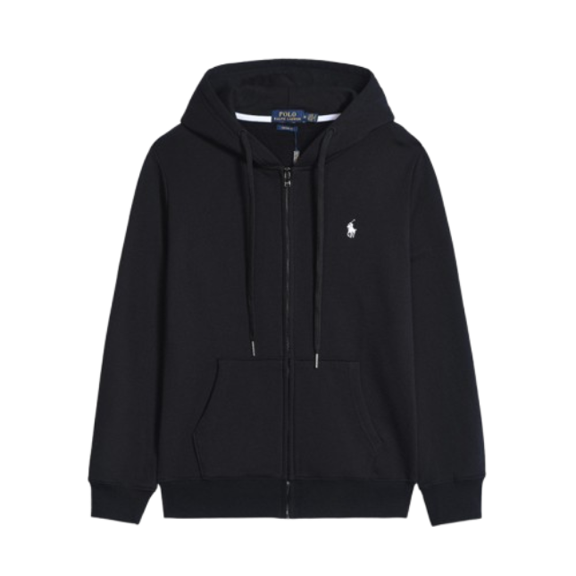 Ralph Lauren Polo Pony Zip-up Black Hoodie & White Logo & Black Drawstring OG0521101