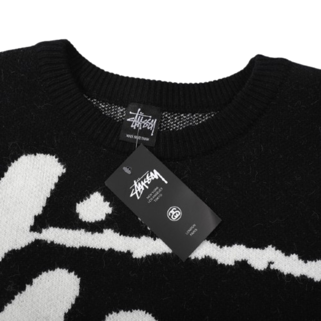 Stussy Full Body Big Logo Round Neck Sweater Black OG052330