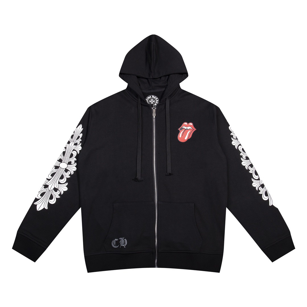 Chrome Hearts × The Rolling Stones Red Tongue Cross Zip Up Hoodie BlackRed OG0725127