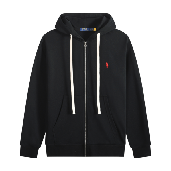 Ralph Lauren Polo Pony Zip-up Black Hoodie & Red Logo & White Drawstring OG0730305