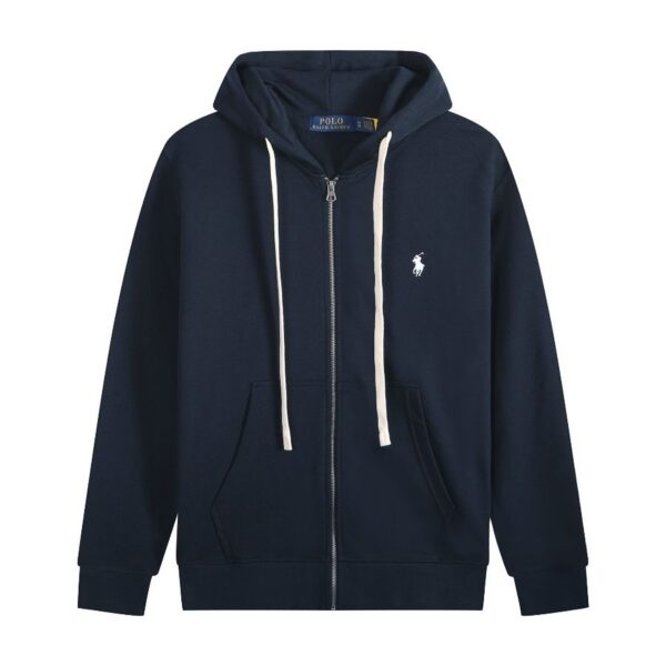 Ralph Lauren Polo Pony Zip-up Navy Hoodie & White Logo & White Drawstring OG0730307
