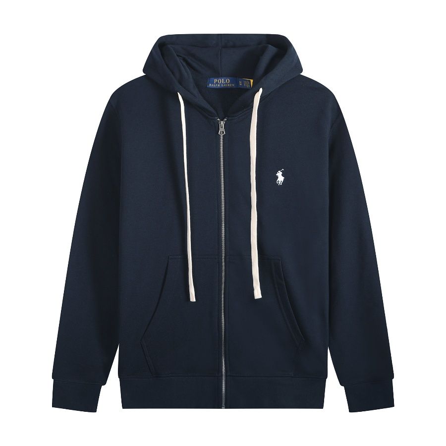 Ralph Lauren Polo Pony Zip-up Navy Hoodie & White Logo & White Drawstring OG0730307