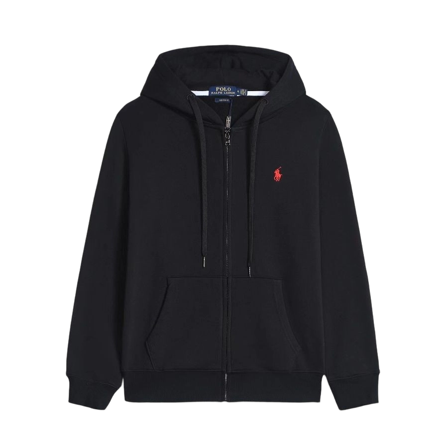 Ralph Lauren Polo Pony Zip-up Black Hoodie & Red Logo & Black Drawstring OG0730308