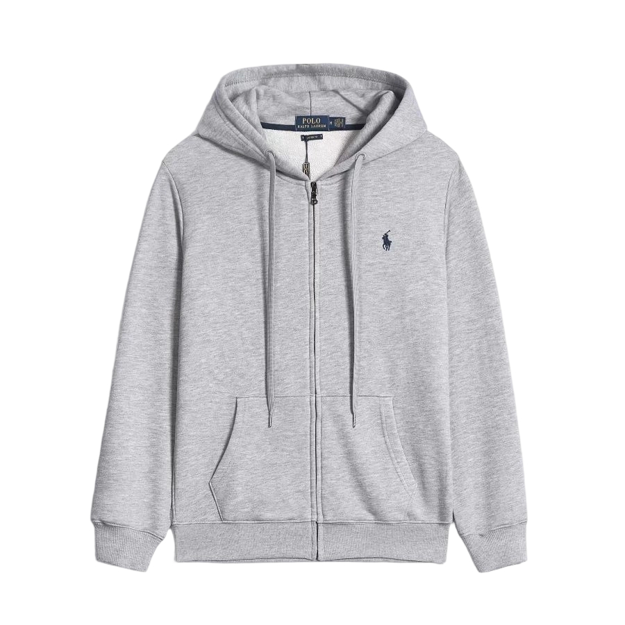 Ralph Lauren Polo Pony Zip-up Grey Hoodie & Black Logo & Grey Drawstring OG0730310