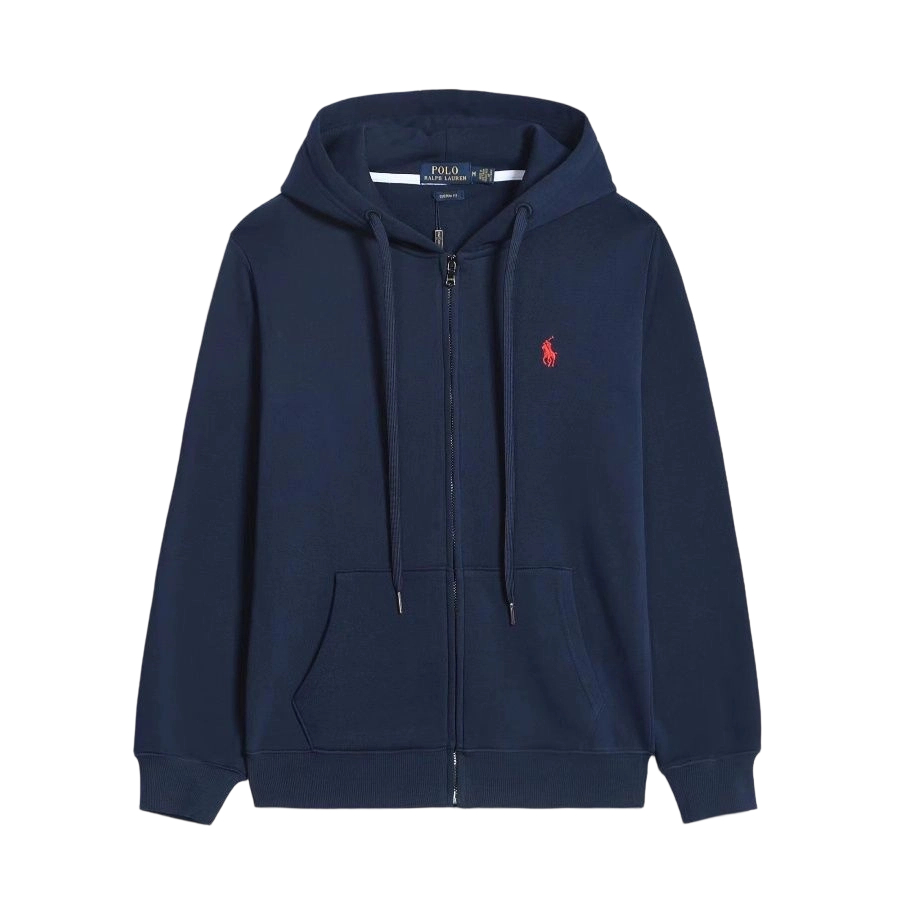 Ralph Lauren Polo Pony Zip-up Navy Hoodie & Red Logo & Navy Drawstring OG0730312