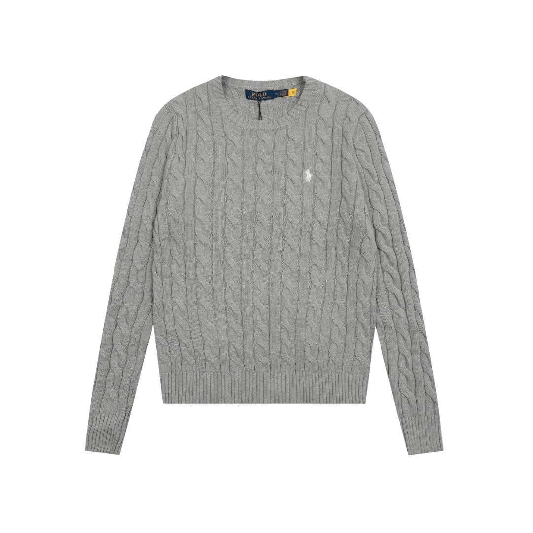 Ralph Lauren round neck solid Fried Dough Twists knitting sweater Grey white label OG0731332