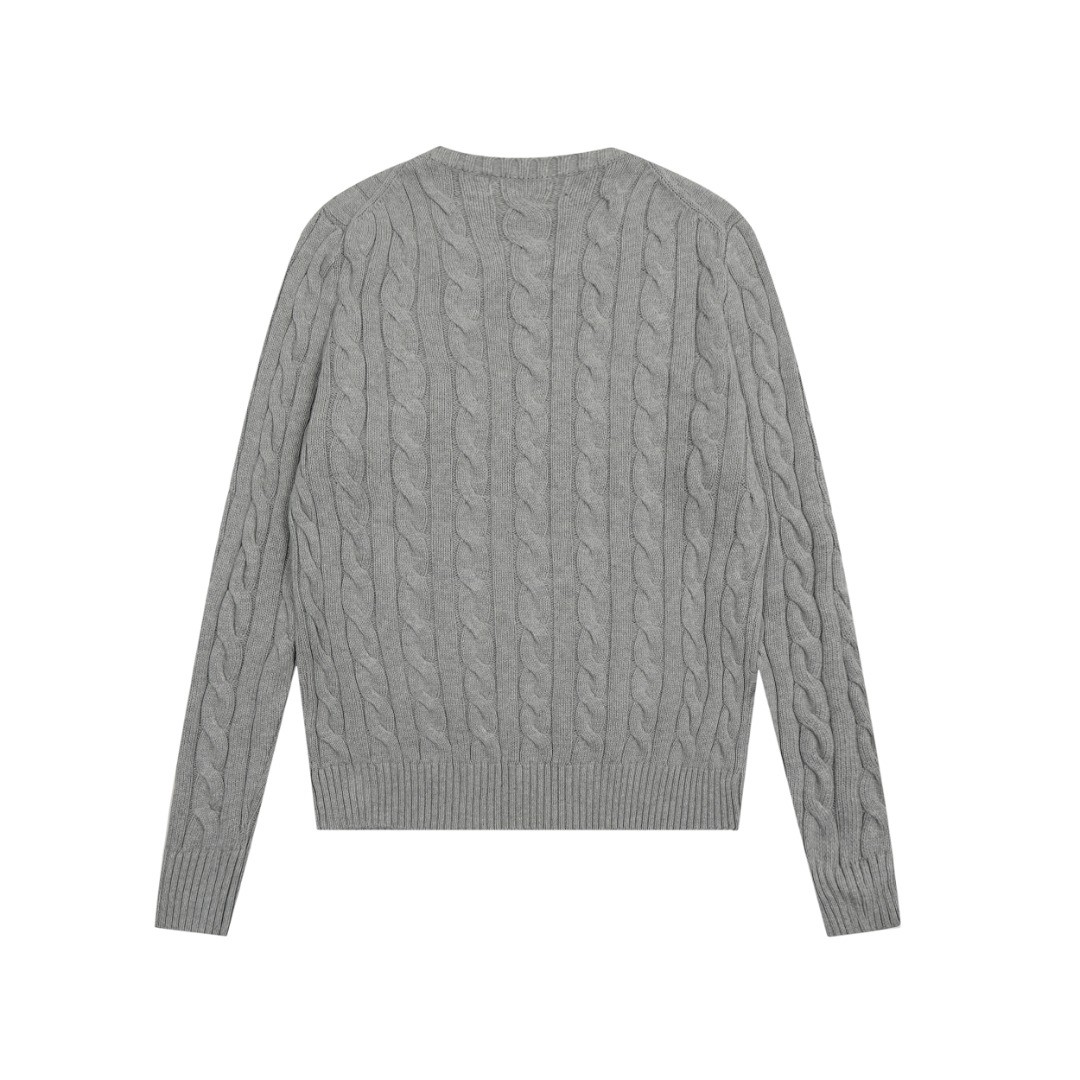 Ralph Lauren round neck solid Fried Dough Twists knitting sweater Grey white label OG0731332