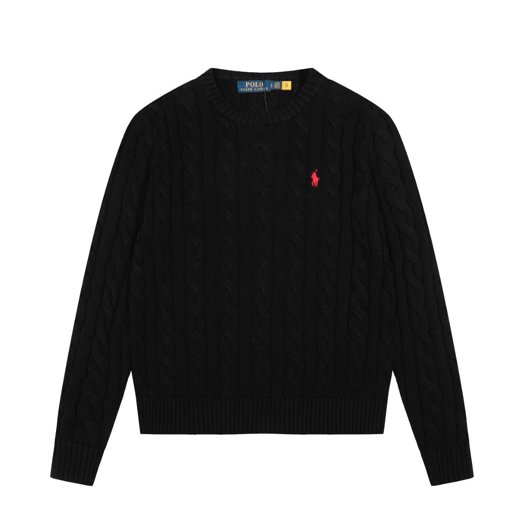 Ralph Lauren round neck solid Fried Dough Twists knitting sweater Black Red Label OG0731333
