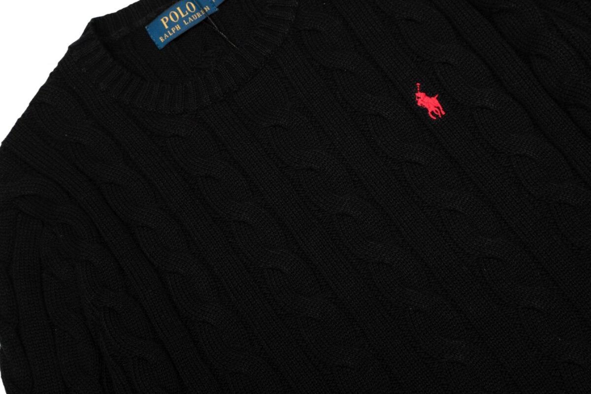 Ralph Lauren round neck solid Fried Dough Twists knitting sweater Black Red Label OG0731333