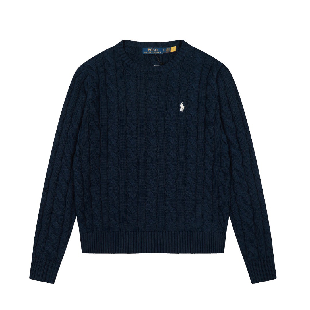 Ralph Lauren round neck solid Fried Dough Twists knitting sweater Navy blue white label OG0731336