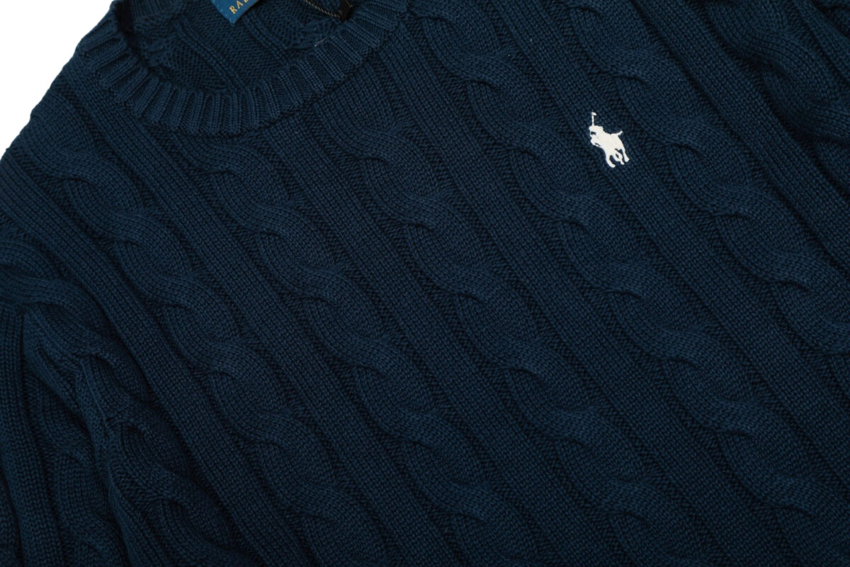 Ralph Lauren round neck solid Fried Dough Twists knitting sweater Navy blue white label OG0731336