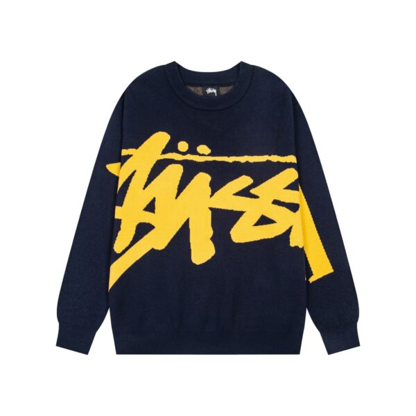 Stussy loose round neck hand woven loose silhouette knitted sweater navy blue OG0731340