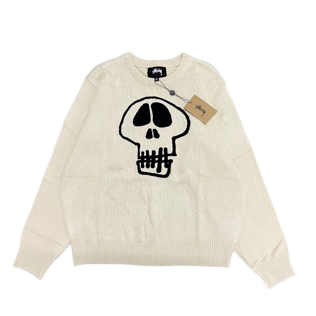 STUSSY Skeleton Towel Embroidered Jacquard Couple Round Neck Knitted Sweater Apricot OG0731342