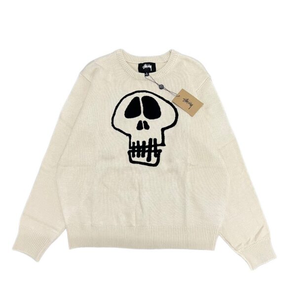 STUSSY Skeleton Towel Embroidered Jacquard Couple Round Neck Knitted Sweater Apricot OG0731342
