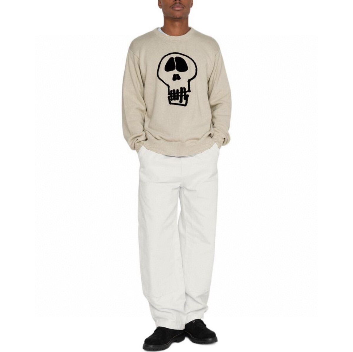 STUSSY Skeleton Towel Embroidered Jacquard Couple Round Neck Knitted Sweater Apricot OG0731342