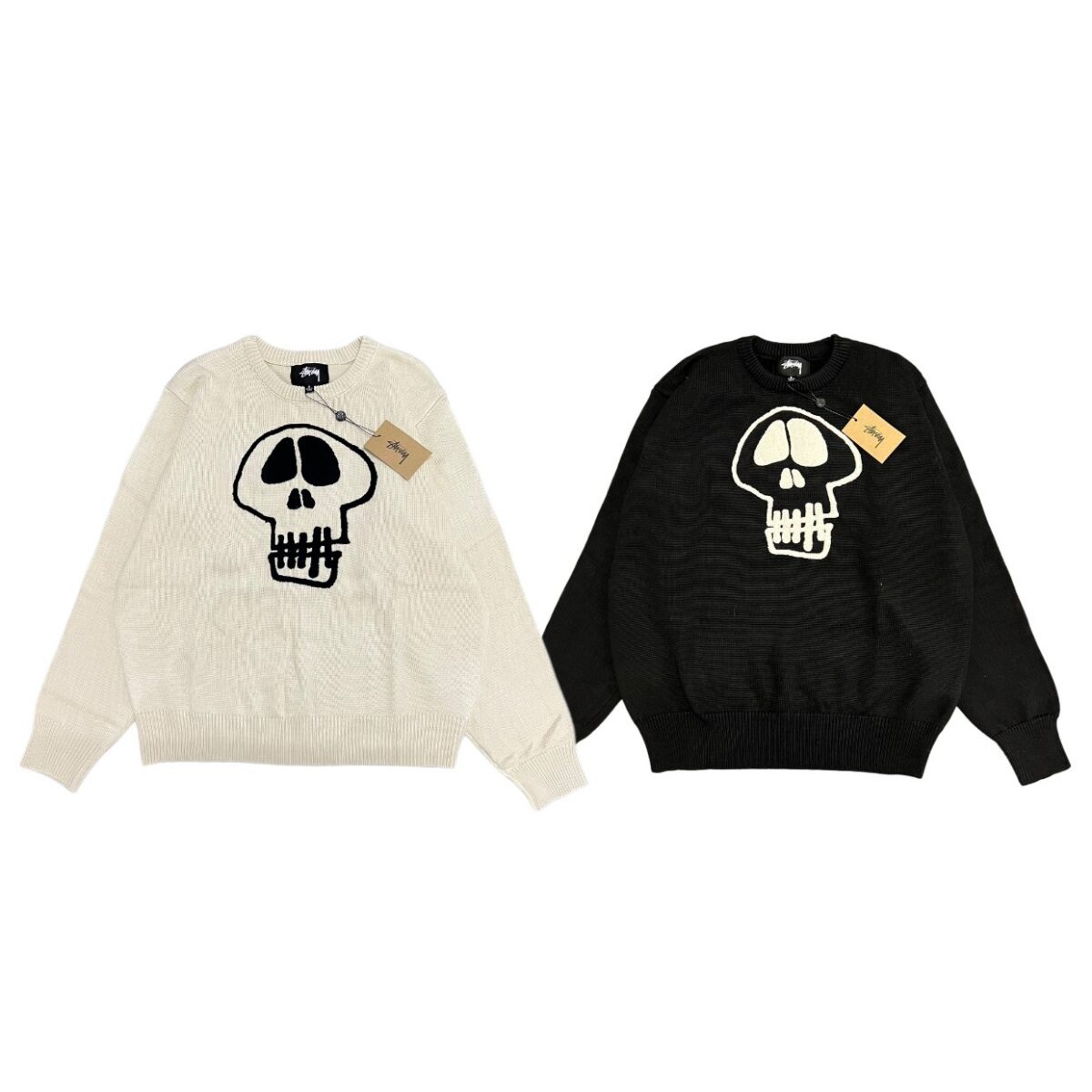 STUSSY Skeleton Towel Embroidered Jacquard Couple Round Neck Knitted Sweater Apricot OG0731342