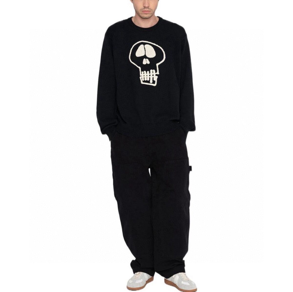 STUSSY Skeleton Towel Embroidered Jacquard Couple Round Neck Knitted Sweater Black OG0731343