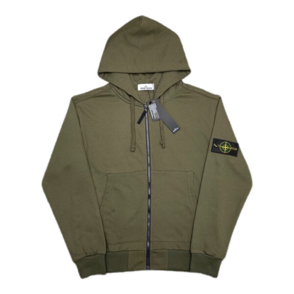 Stone Island Classic Logo Sleeve Patch Zipper Hoodie Army Green OG0828485