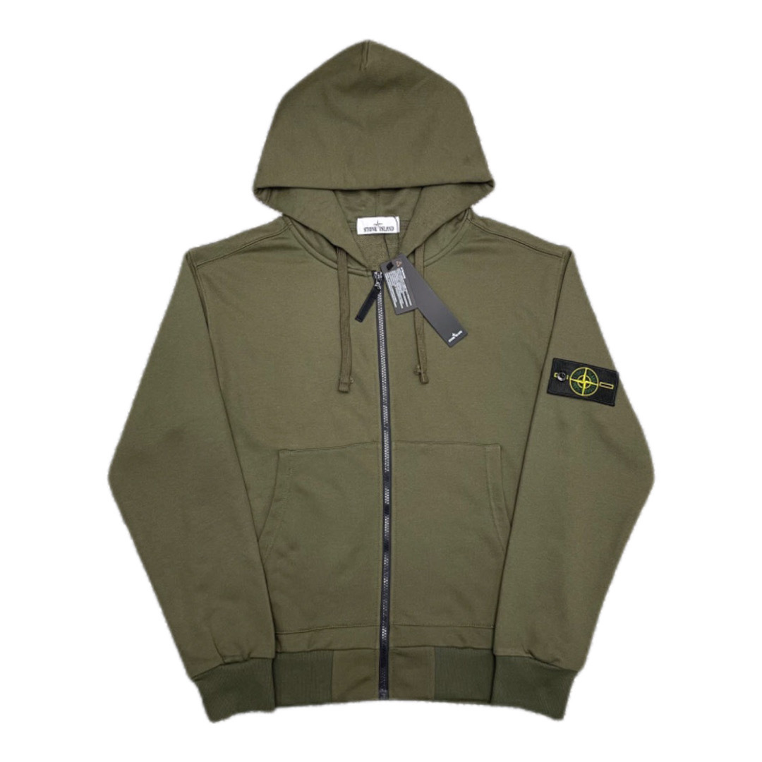 Stone Island Classic Logo Sleeve Patch Zipper Hoodie Army Green OG0828485