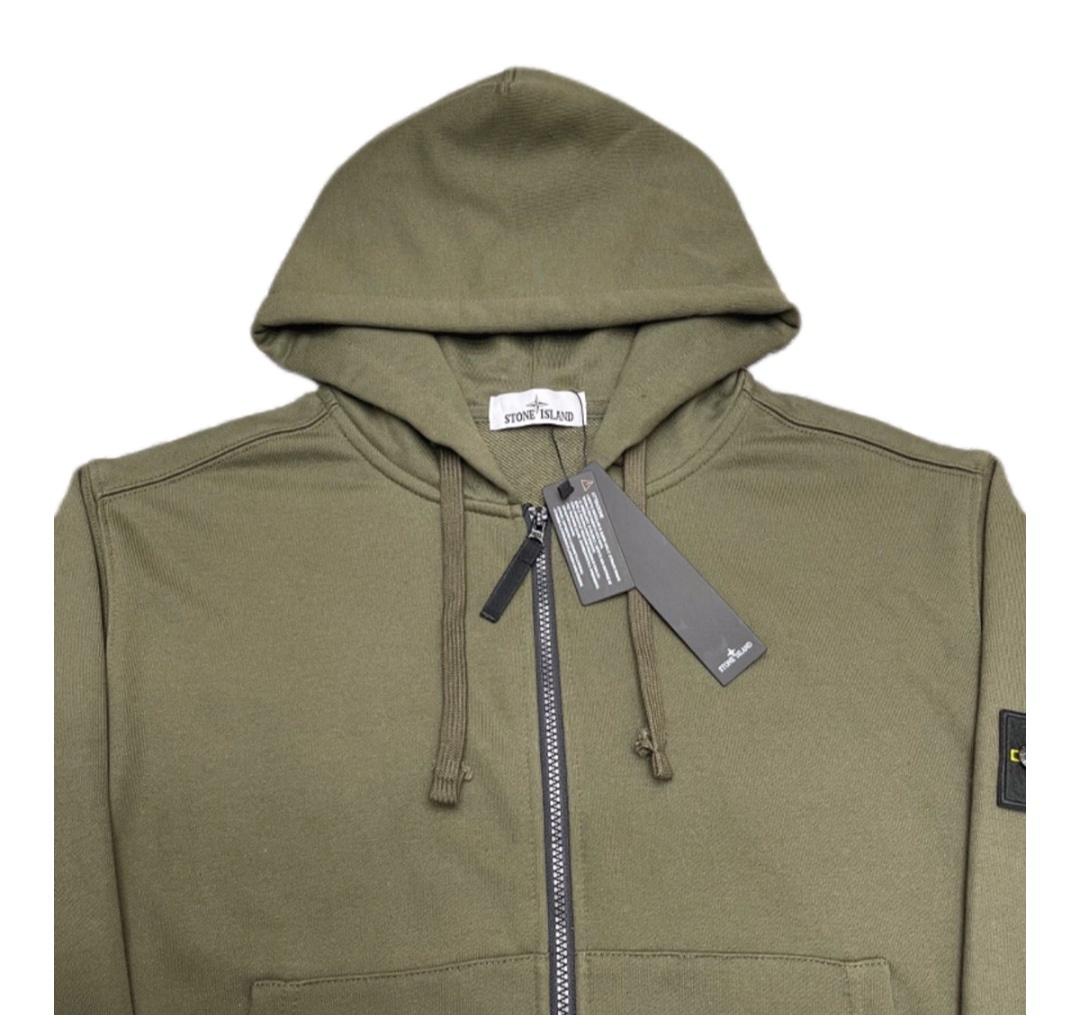 Stone Island Classic Logo Sleeve Patch Zipper Hoodie Army Green OG0828485