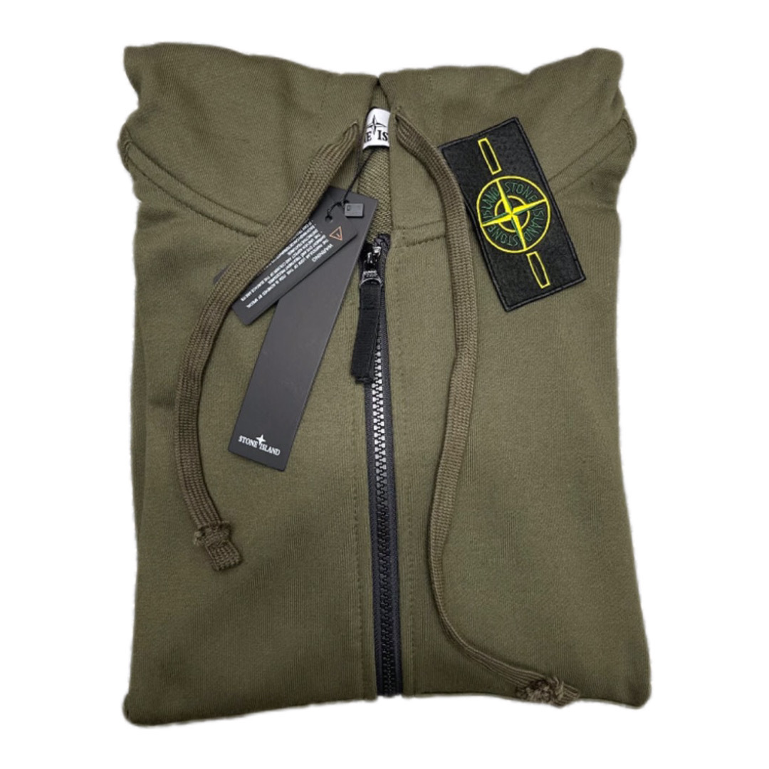 Stone Island Classic Logo Sleeve Patch Zipper Hoodie Army Green OG0828485