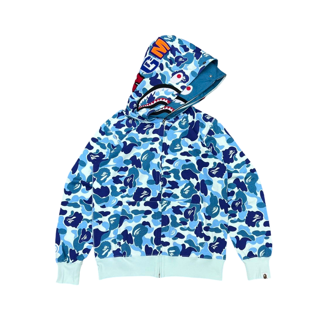 Bape Abc Double Hat Large Flower Camouflage Shark Hoodie Blue OG0829515