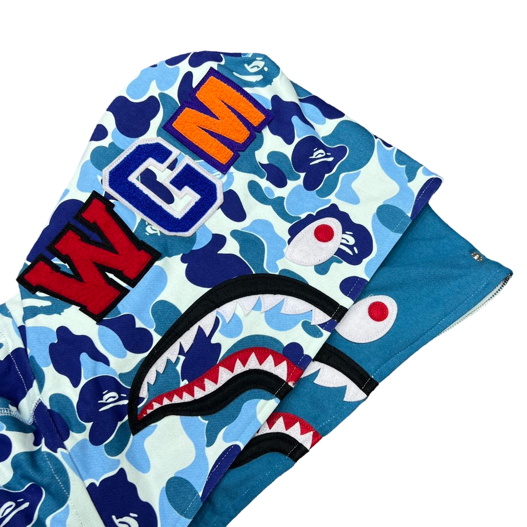 Bape Abc Double Hat Large Flower Camouflage Shark Hoodie Blue OG0829515