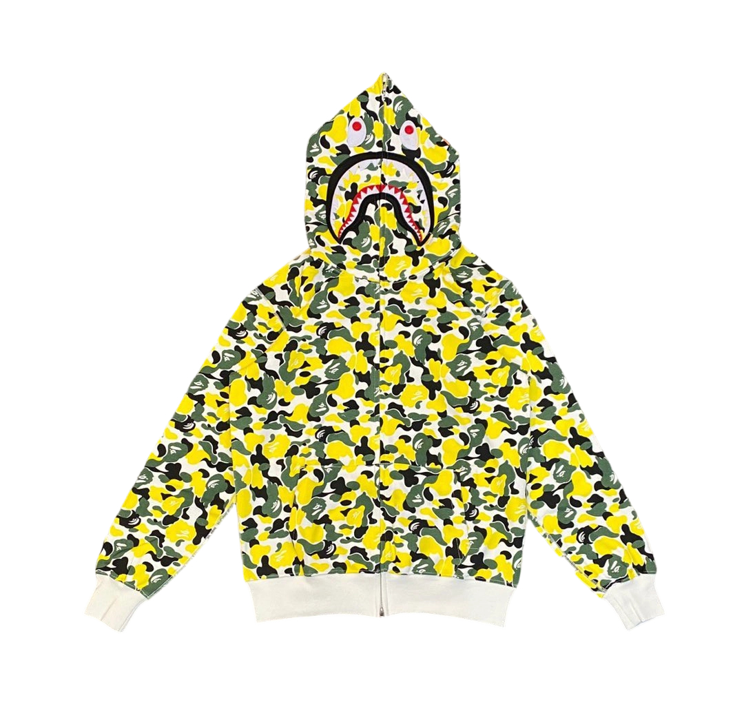 Bape Abc Double Hat Large Flower Camouflage Shark HoodieBlack and Yellow OG0829521