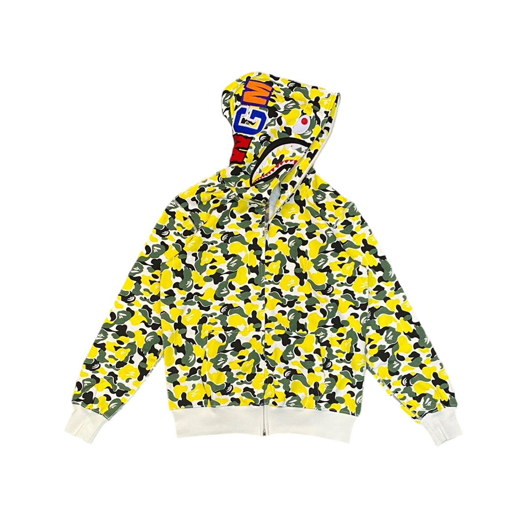 Bape Abc Double Hat Large Flower Camouflage Shark HoodieBlack and Yellow OG0829521