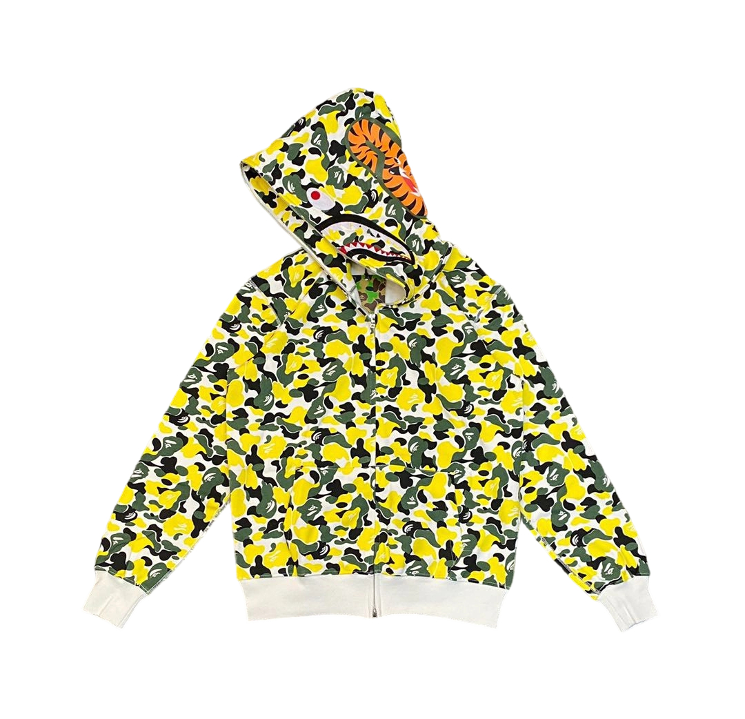 Bape Abc Double Hat Large Flower Camouflage Shark HoodieBlack and Yellow OG0829521