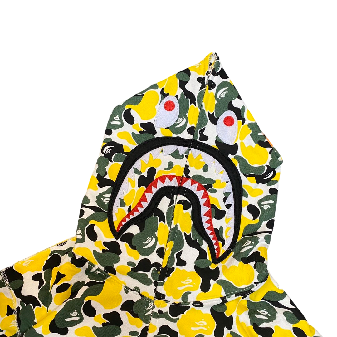 Bape Abc Double Hat Large Flower Camouflage Shark HoodieBlack and Yellow OG0829521