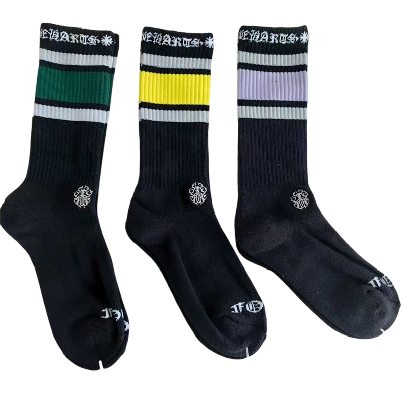 Chrome Hearts striped socks in black purple/black green/black yellow OKLU20261117