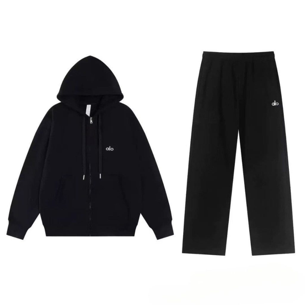 Alo hooded zipper sports shirt straight leg pants set black OKLU20261321