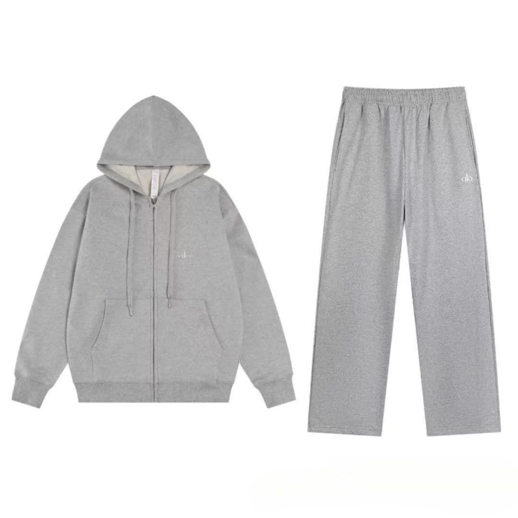 Alo hooded zipper sports shirt straight leg pants set grey OKLU20261322