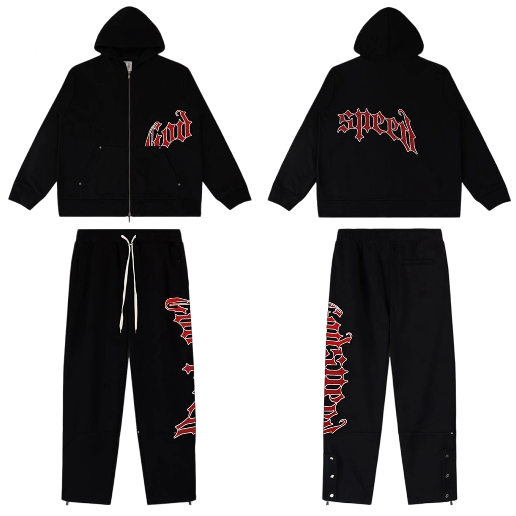 Godspeed OG Logo Black Sweatsuit Red Letter Print OKLU20261345