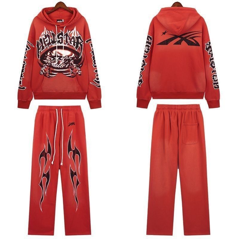 Hellstar Halloween Skeleton Airbrushed Hoodie & Sweatpants Set Red OKLU20261360