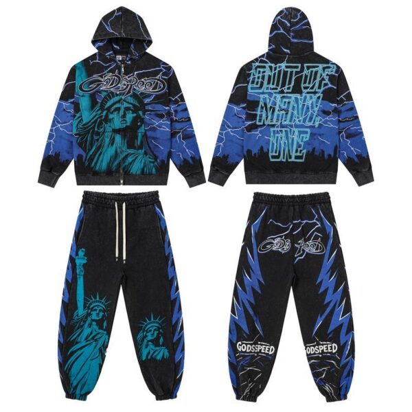 Godspeed Skull Retro Loose Hooded Hoodie Set Black Blue OKLU20261782