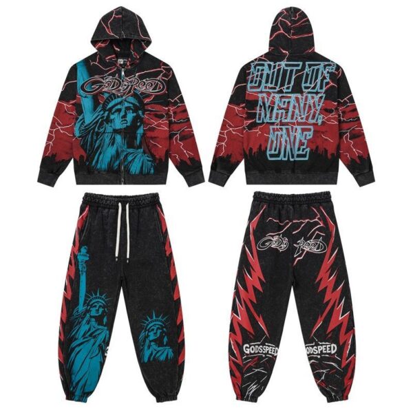 Godspeed Skull Retro Loose Hooded Hoodie Set Black and Red OKLU20261783