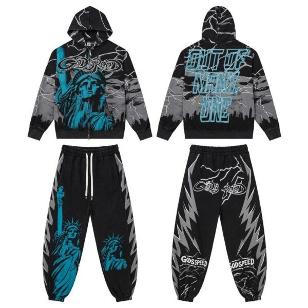 Godspeed Skull Retro Loose Hooded Hoodie Set Black Grey OKLU20261784