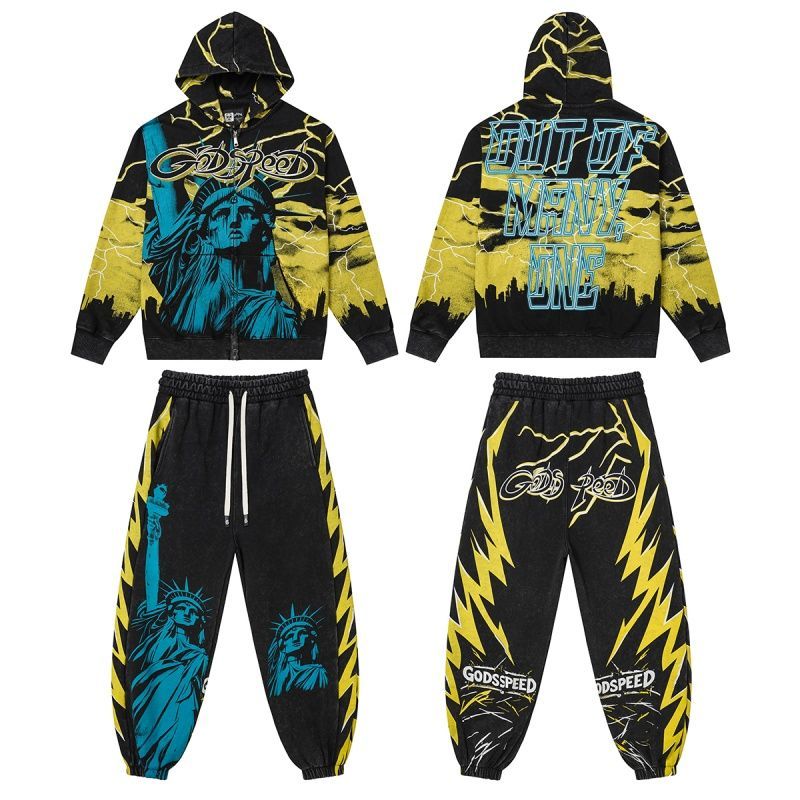 Godspeed Skull Retro Loose Hooded Hoodie Set Black and Yellow OKLU20261785