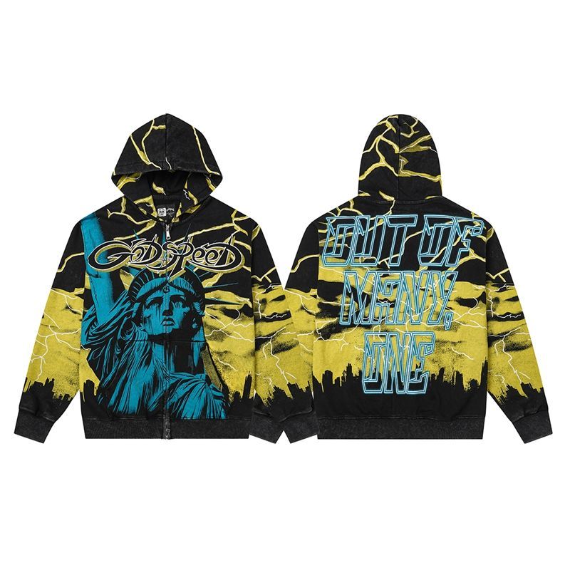 Godspeed Skull Retro Loose Hooded Hoodie Set Black and Yellow OKLU20261785