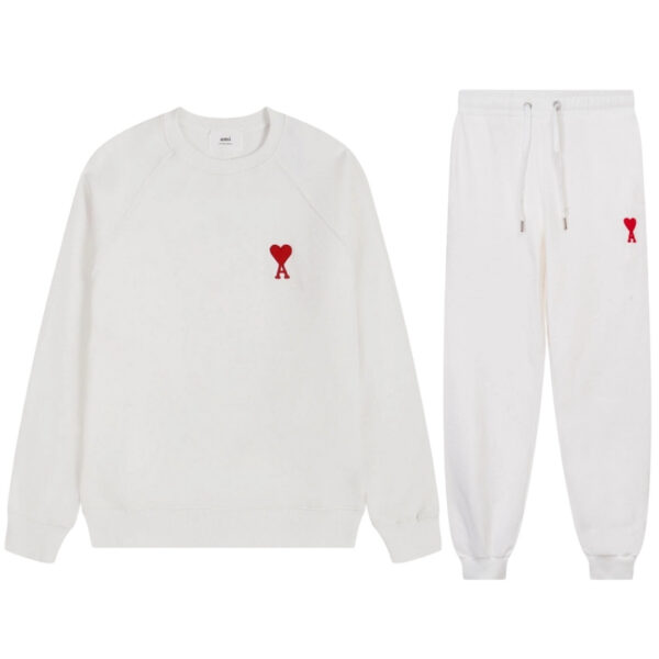 AMI PAPIS Classic Love Loose Round Neck Hoodie Set White and Red OKLU20261847