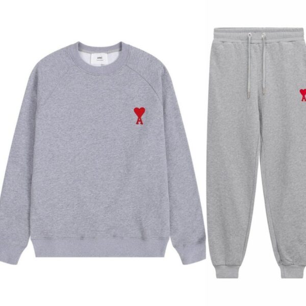 AMI PAPIS Classic Love Loose Round Neck Hoodie set Grey Red OKLU20261850