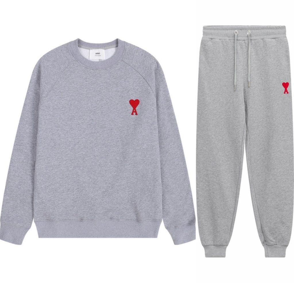 AMI PAPIS Classic Love Loose Round Neck Hoodie set Grey Red OKLU20261850