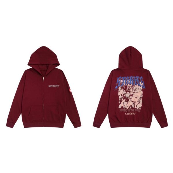 Cav Empt Burgundy Zip Up Gothic Print Hoodie OKZY20261078