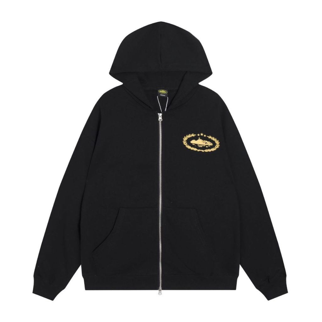 Corteiz Oval Gold Logo Zip Hoodie Black OKZY20261123