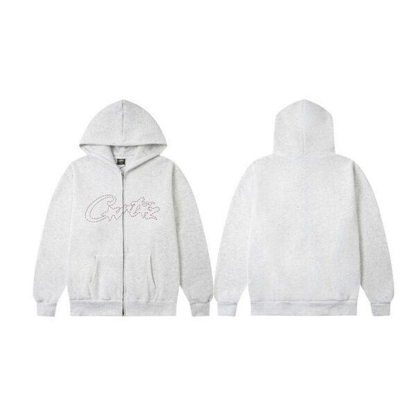 Corteiz Rhinestone Script Logo Zip Up Hoodie Grey OKZY20261132